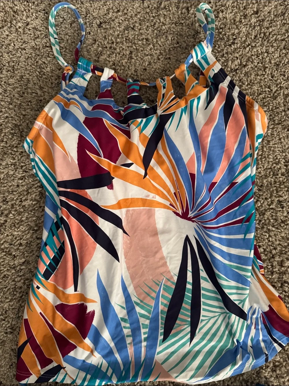 Girls Tropical Print Tankini Swim Set in Teal & Multicolor